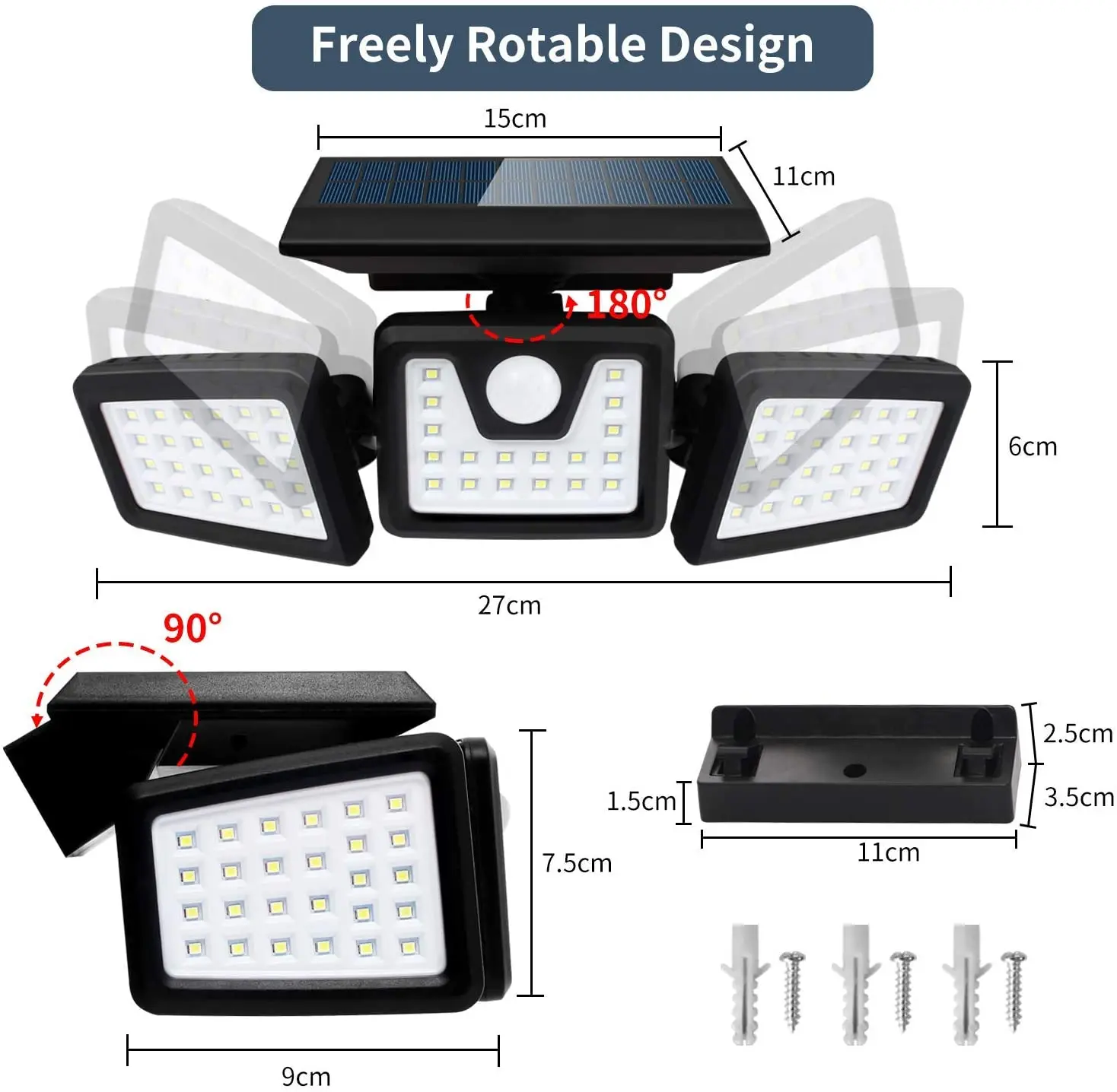 Outdoor IP65 Waterproof 3 Head Motion Sensor Solar Security Lights 360 degree Rotatable 72LED Spotlights for Garden supplier