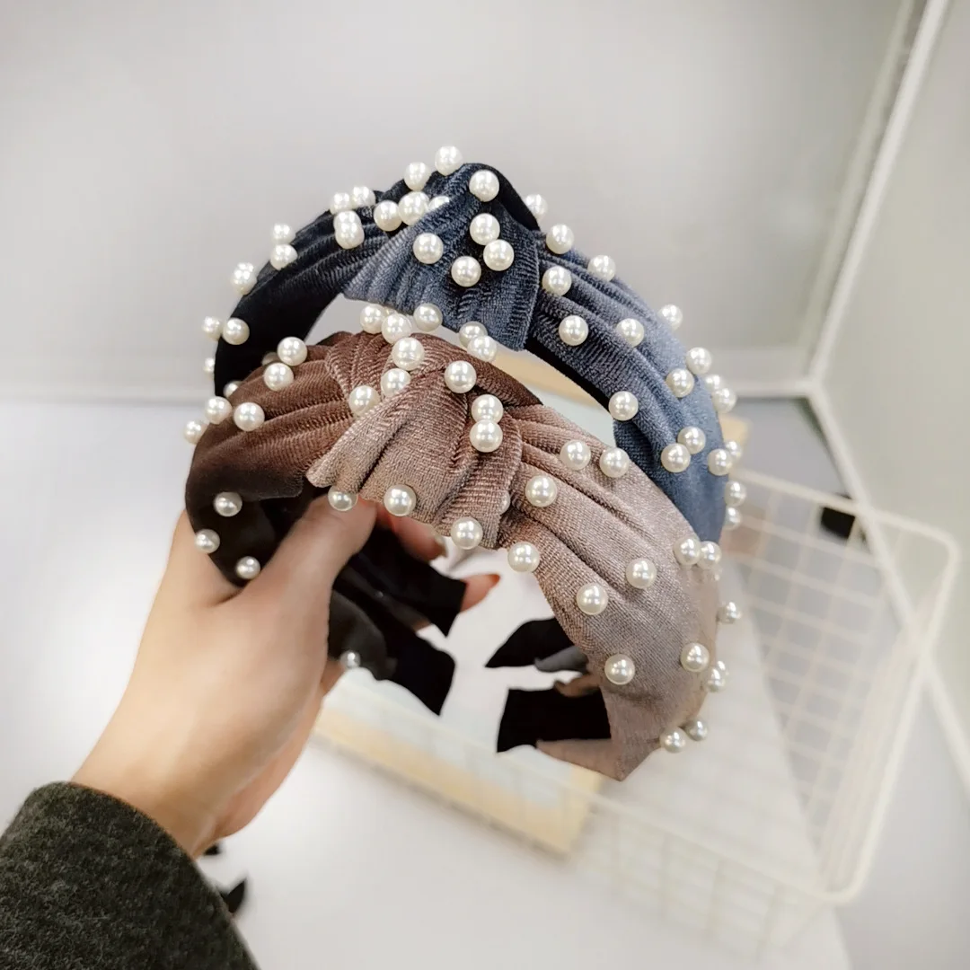 2019 冬季软天鹅绒珍珠宽头带女性打结珍珠发带天鹅绒为妇女