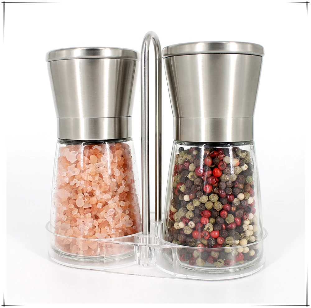 Hot Sale Manual Salt And Black Pepper Mill Grinder Set With Metal Stand ...