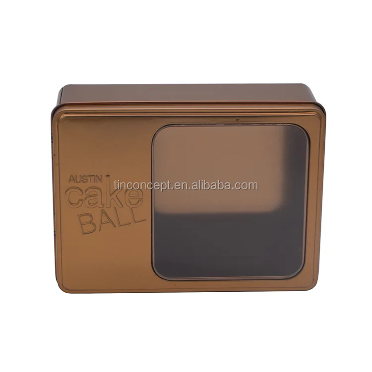 Modern Design Gold Hinged Lid Tin Box Window For Cake Ball