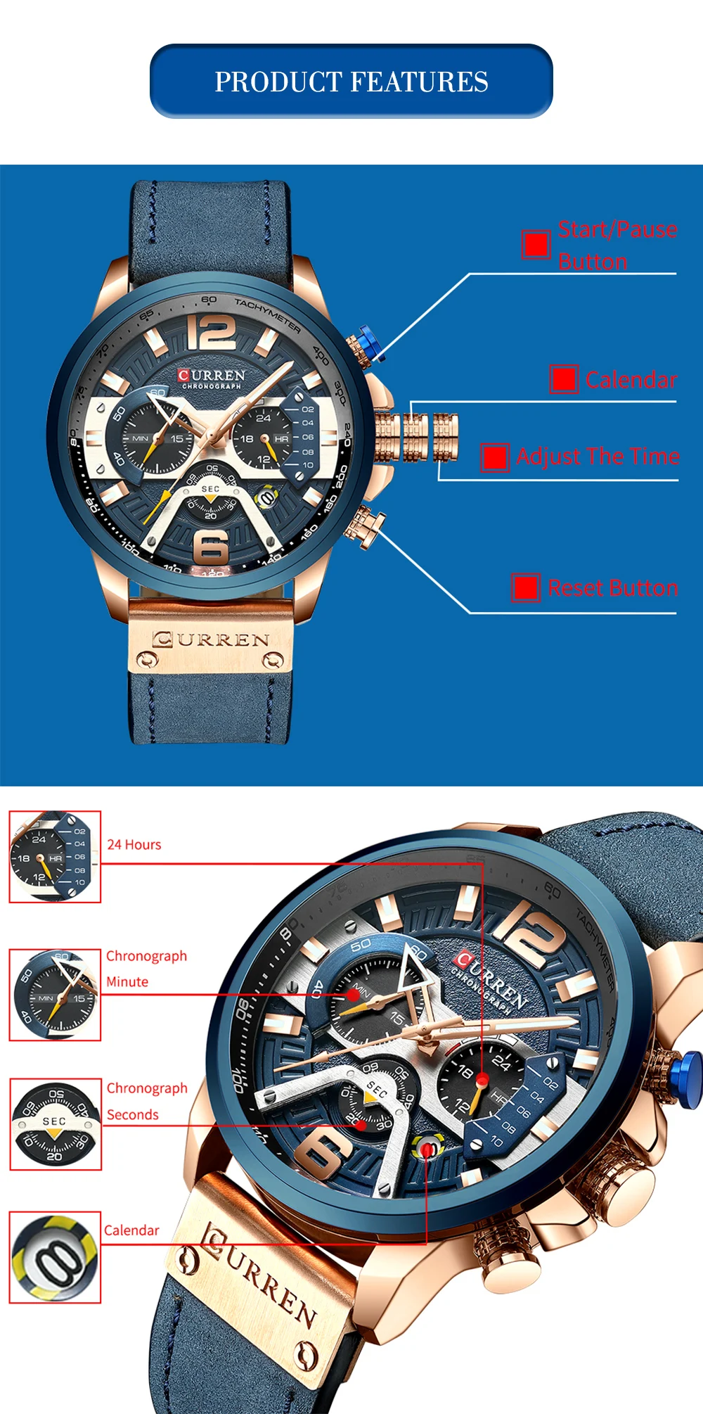 CURREN 8329 Top Brand Watches Male Clock Sport Military Leather Strap Chronograph Watches Men Wrist