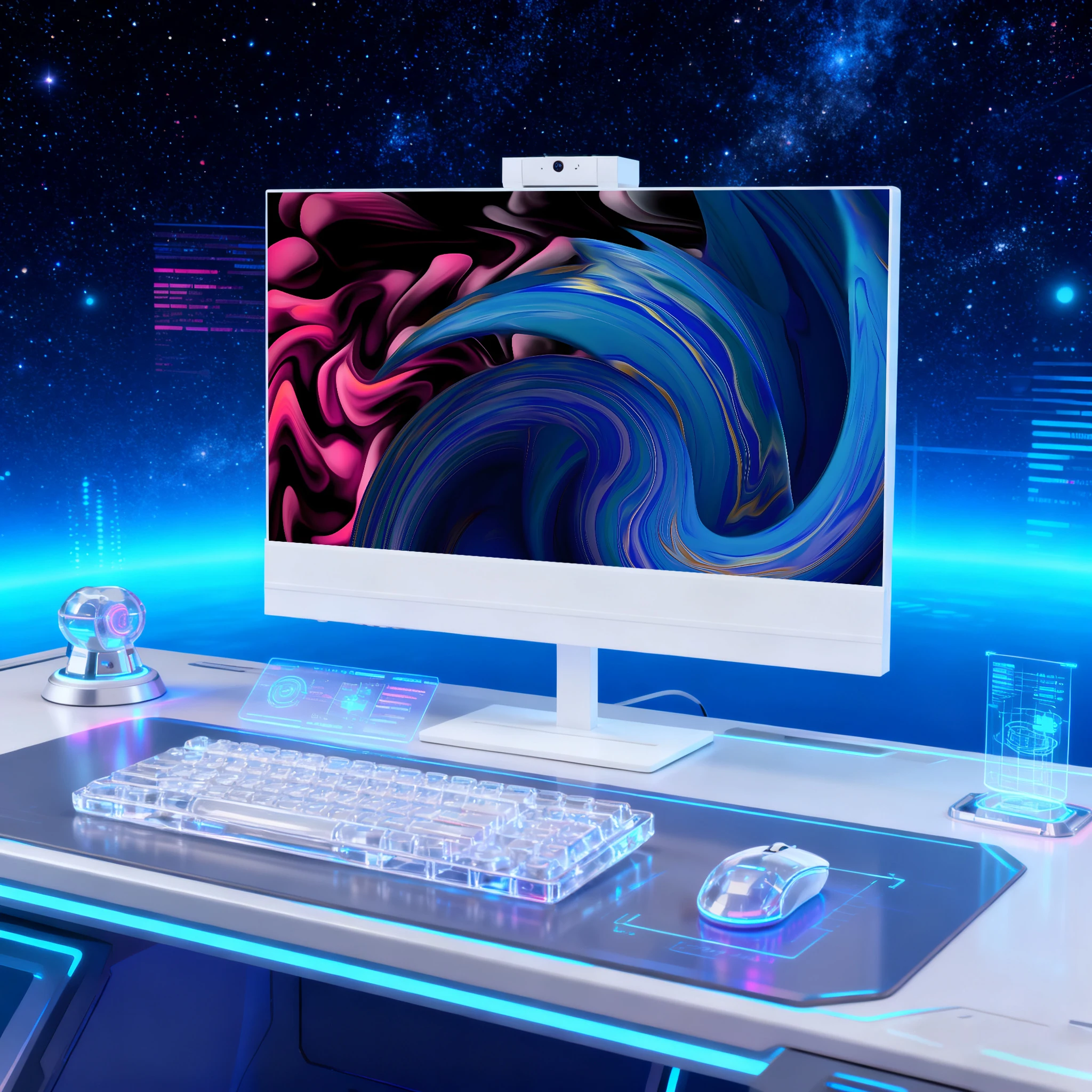 Modern all-in-one PC with thin bezel, matte display, and minimalist stand