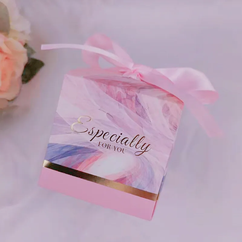 Customized Candy Packaging Box With Ribbon Wedding Gold Chocolate Box