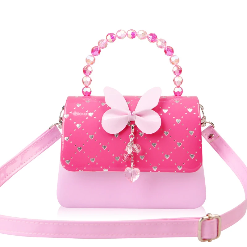 Hot Sale Fashion Butterfly Beads Pink Pu Handbags Girl Shoulder Bag