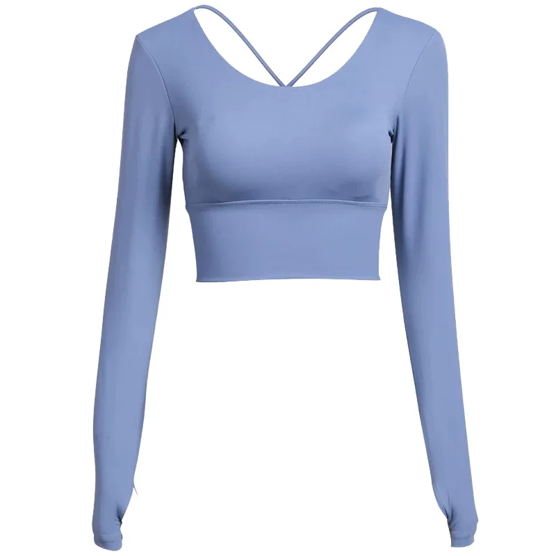 High Elastic Open Back Slim Fit Gym Workout Sports Long Sleeve Dance Women Yoga Top Crop Top Shirt with Removable Pads
