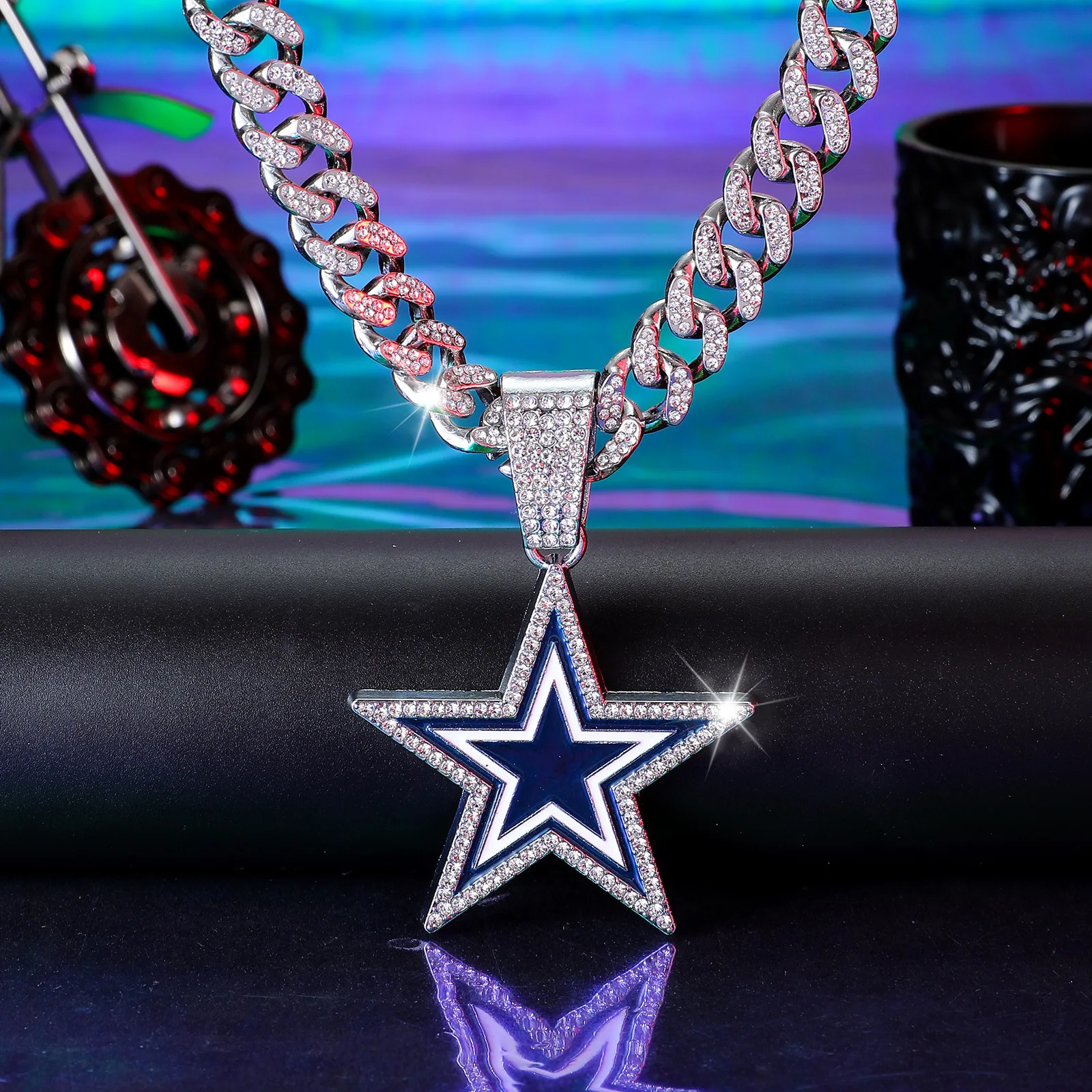product european american style full diamond blue five pointed star pendant necklace fashionable hip hop design for men women for gift-1