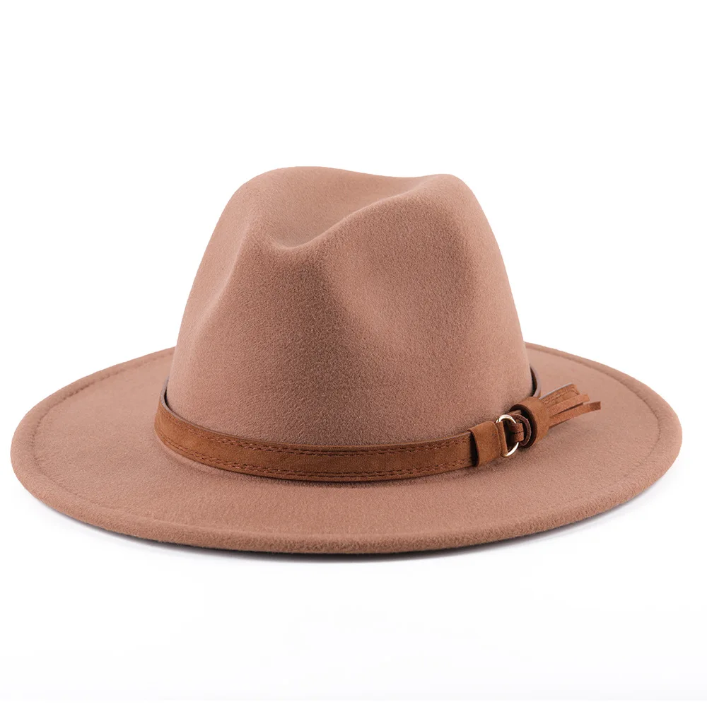 Men & Womens Classic Wide Brim Felt Fedora Panama Hat with Belt Buckle