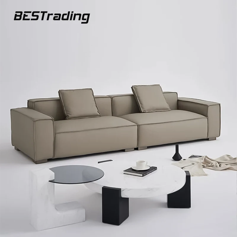 Italian Minimalist Living Room Box Top Layer Cowhide Leather Sofa Down