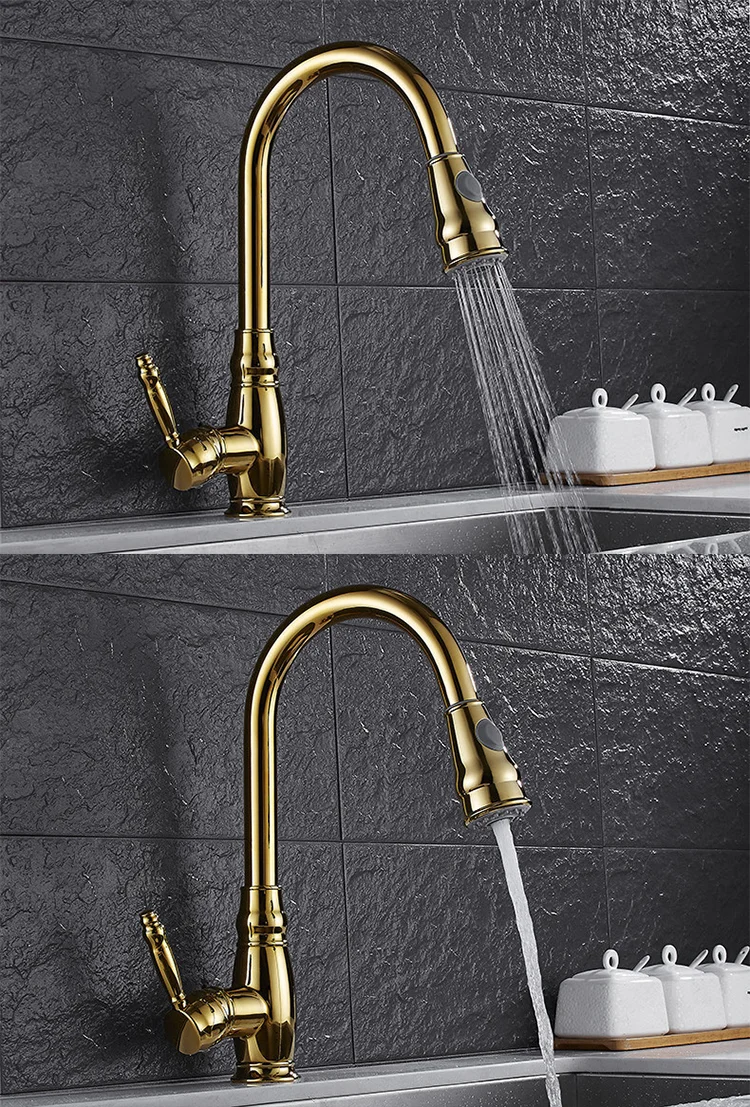 Vertical Luxe Pull Out Spray Spout Sink Mixer Tap Gold Kitchen Faucet Grifo