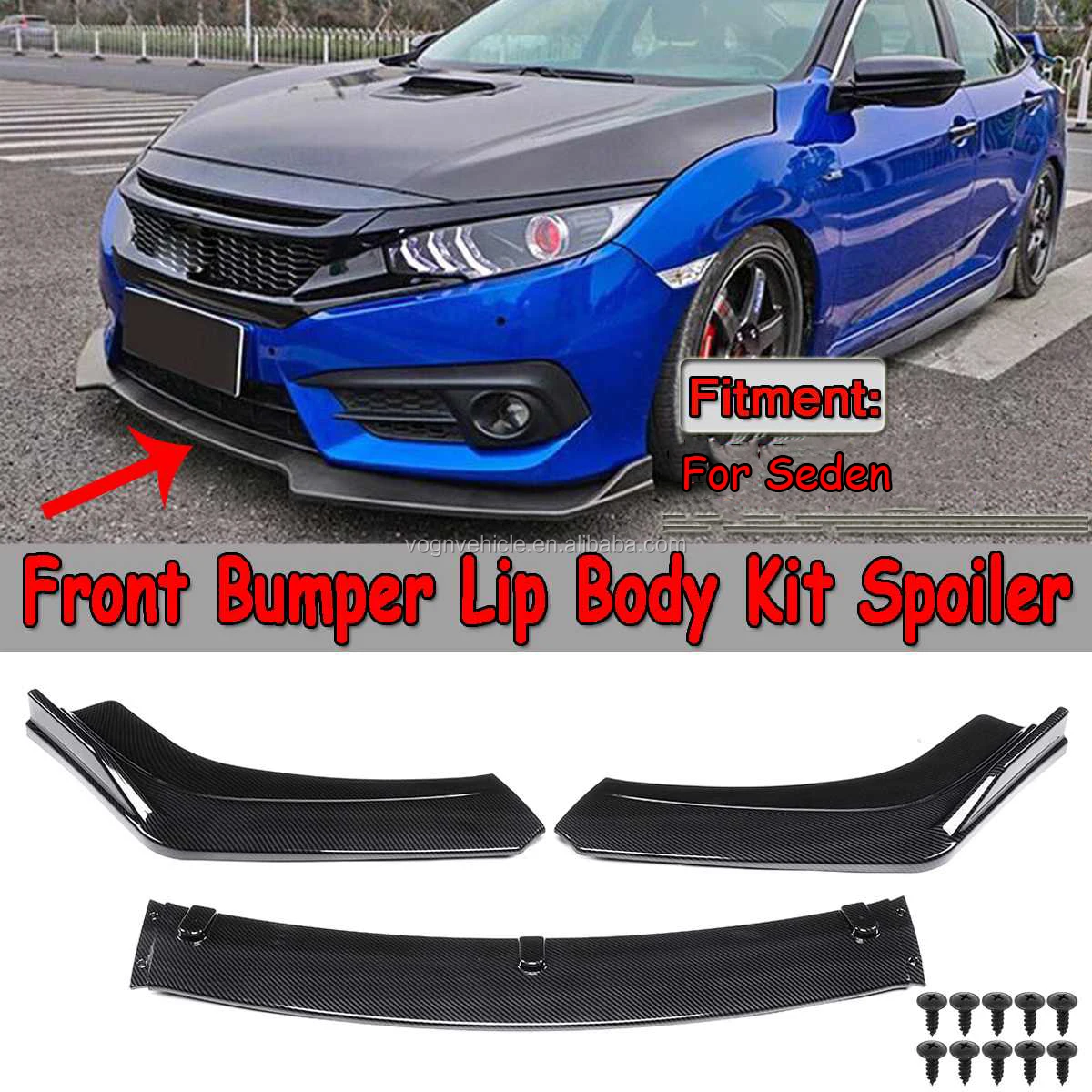 Abs Gloss Black Carbon Fiber Universal Front Bumper Spoiler Universal