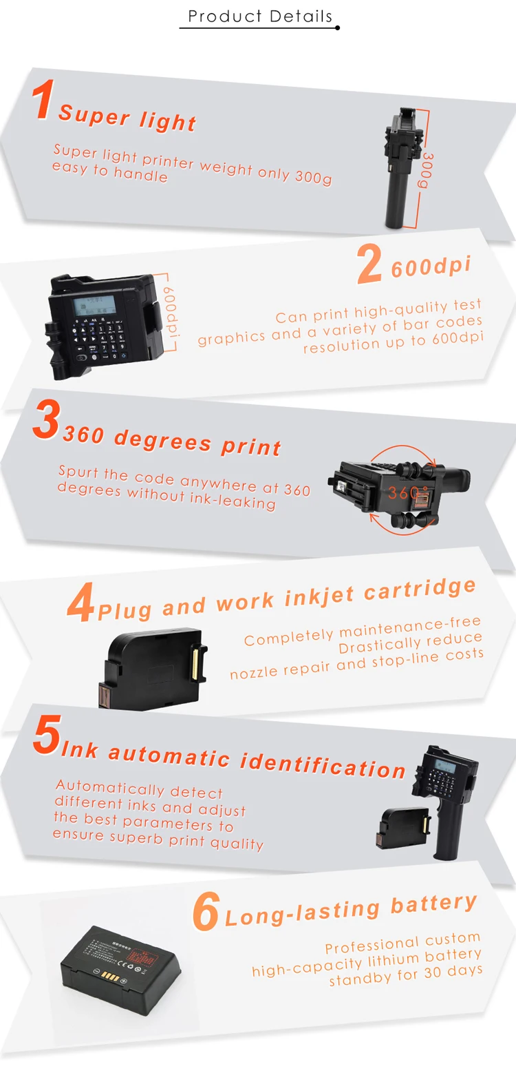 Printing Height 0.08-0.5 Inch Inkjet Coding Machine Portable Handheld Printer for Label Barcode Variable Data Etc