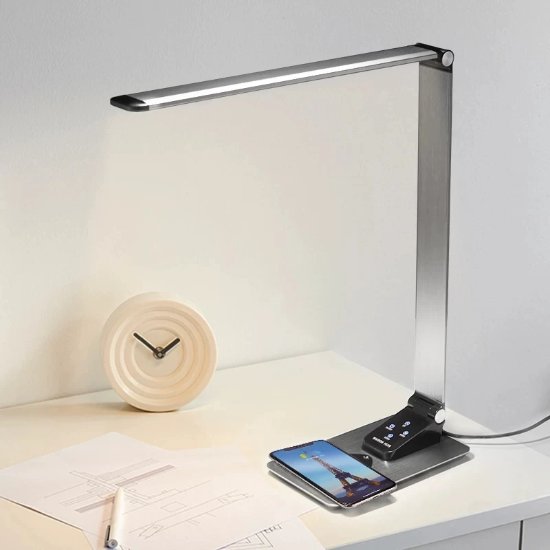 Super Thin Eye-caring Dimmable Office Study Bedside Table Light USB Charging Port LED Reading Desk Lamp with Wireless Charger