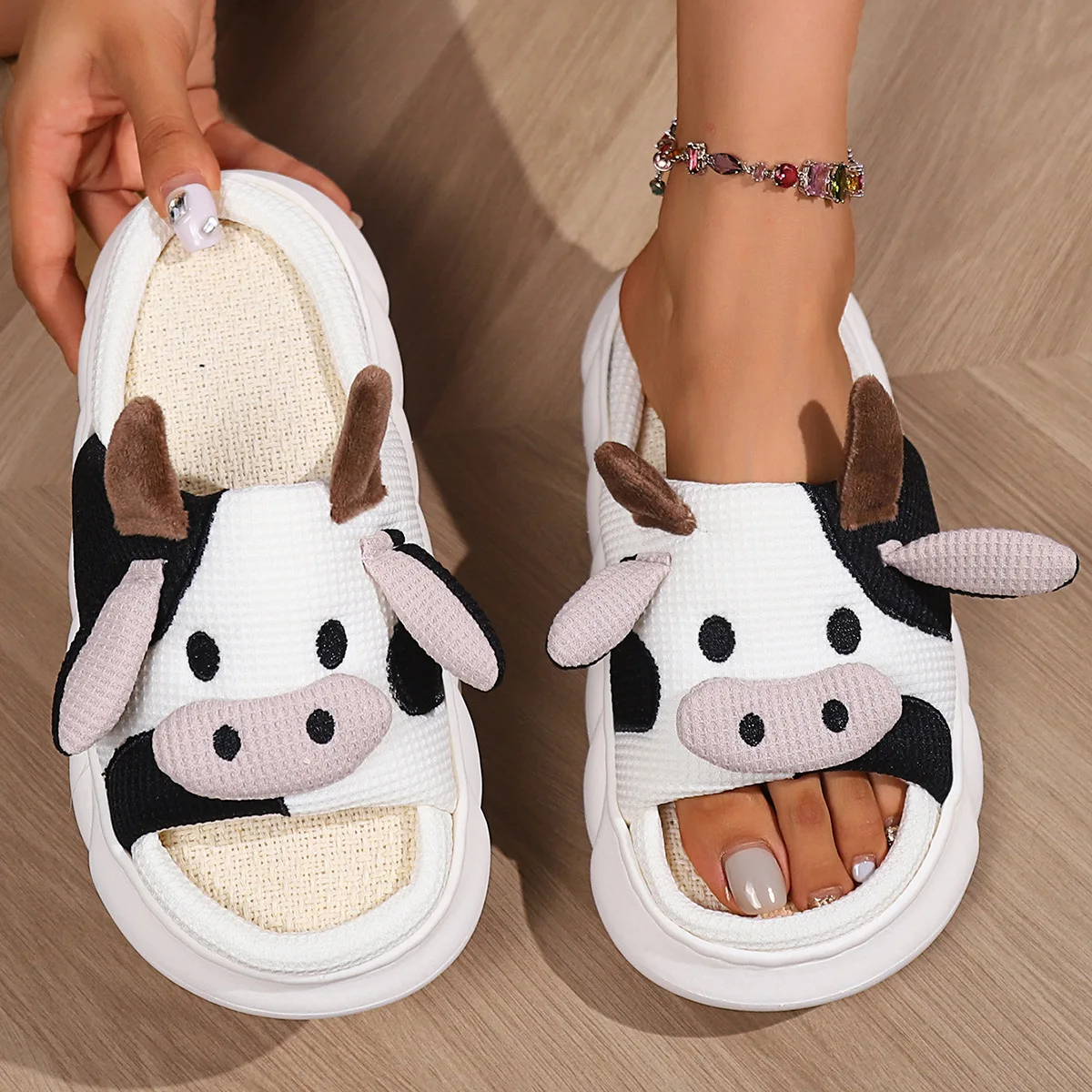Women Eva Sole Open Toe Thick Sole Cute Animal Cartoon Cow Slippers ...