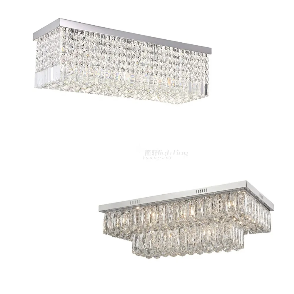 Dining table lighting ceiling modern chrome chandelier flush light fixtures rectangle crystal ceiling lamp