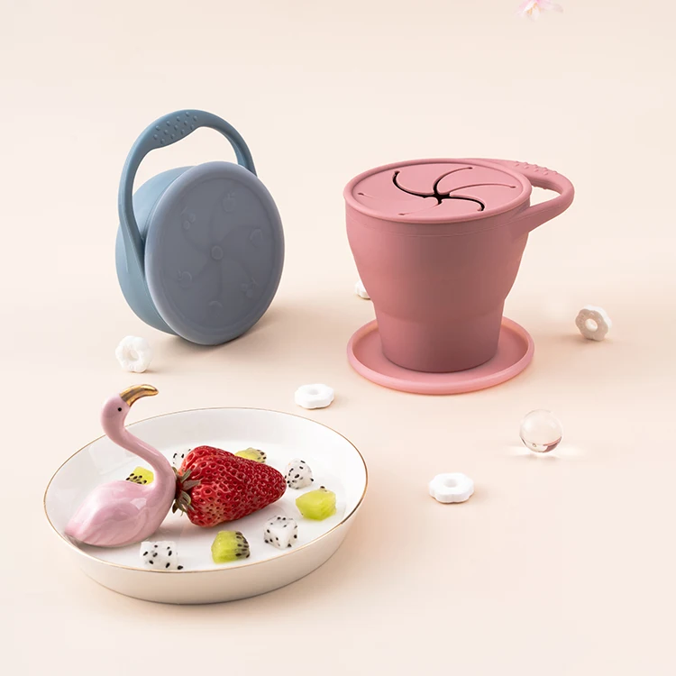 
Spill Proof Collapsible Toddler Kids Snack Storage Cup Silicone Baby Snack Cup Catcher with Cover 