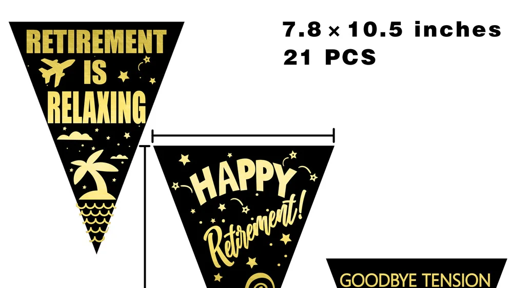 Happy Retirement Decorations Pennant Banner Flags Black Gold Theme ...