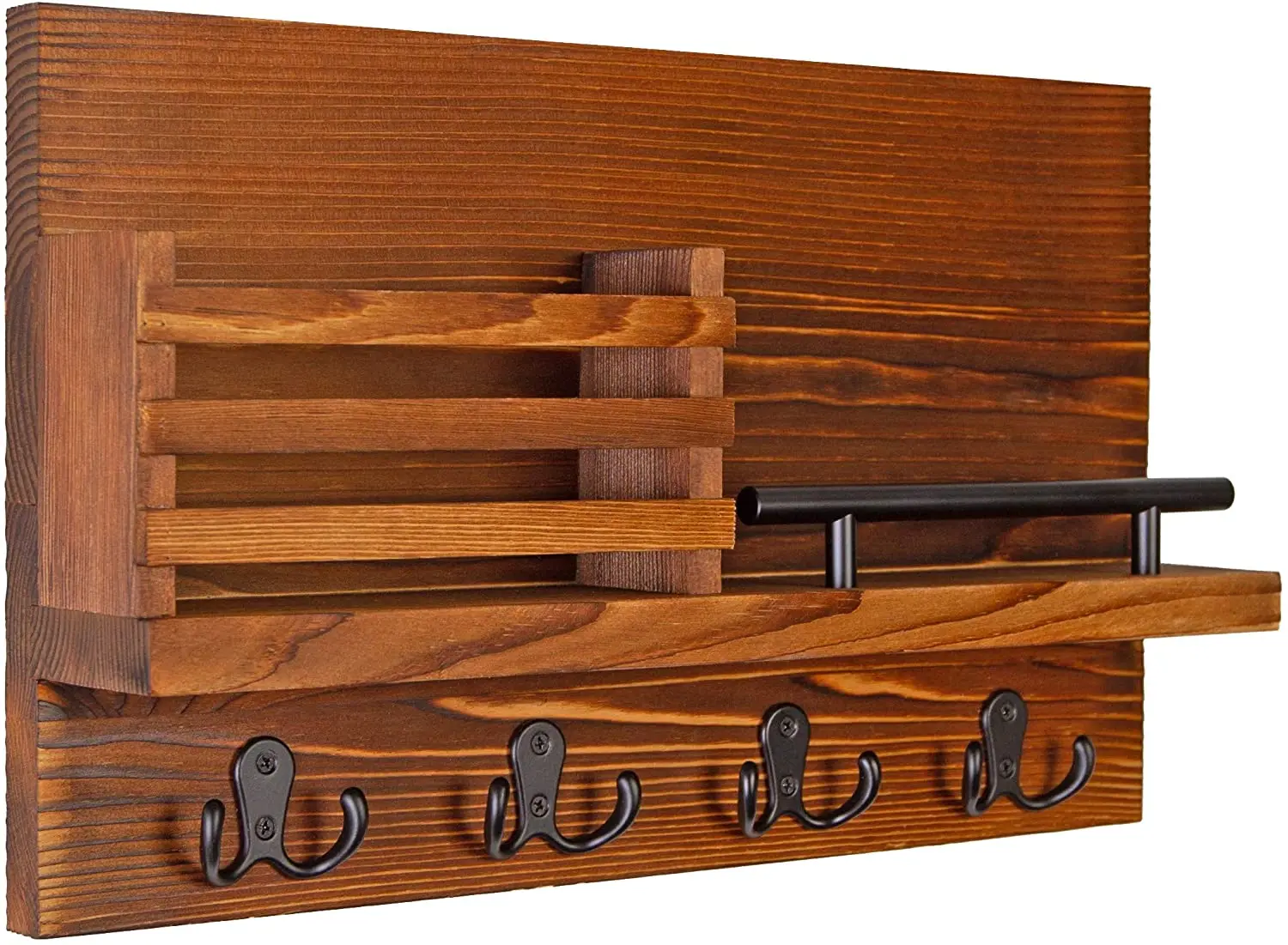 HAITRAL Soporte de pared Organizador de correo clasificador de correo de madera con 3 compartimentos de almacenamiento organizador de entrada con 6 ganchos para llaves 