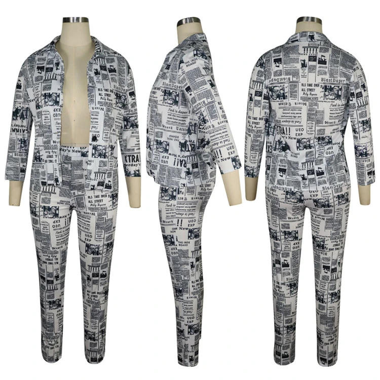 C90691 Elegant fashion newspaper printing seven sleeve small suit woman two piece set