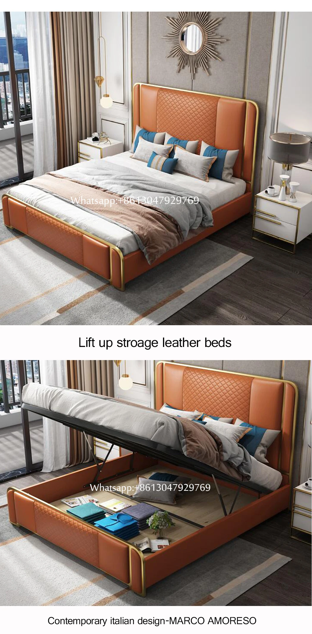 Post Modern Storage Blue True Leather Beds Luxury With 2 Nightstands