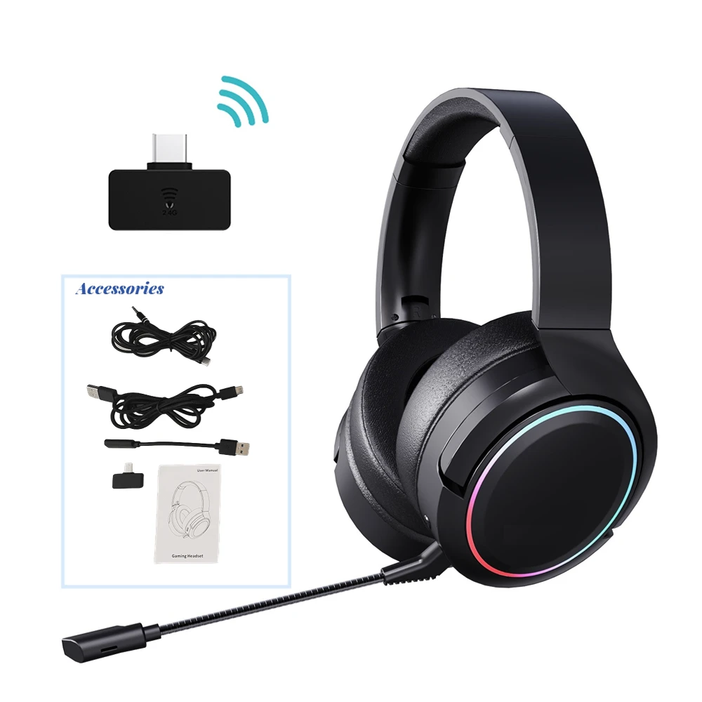 Dual-mode 2.4 GHz gaming headset with USB-C dongle and detachable mic