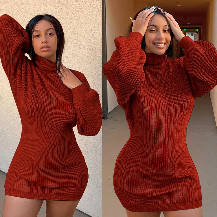 Hot Onsale Turtleneck Fashion Autumn Winter Clothing Female Clothes 2021 Woman Casual Womens Sweater Dress