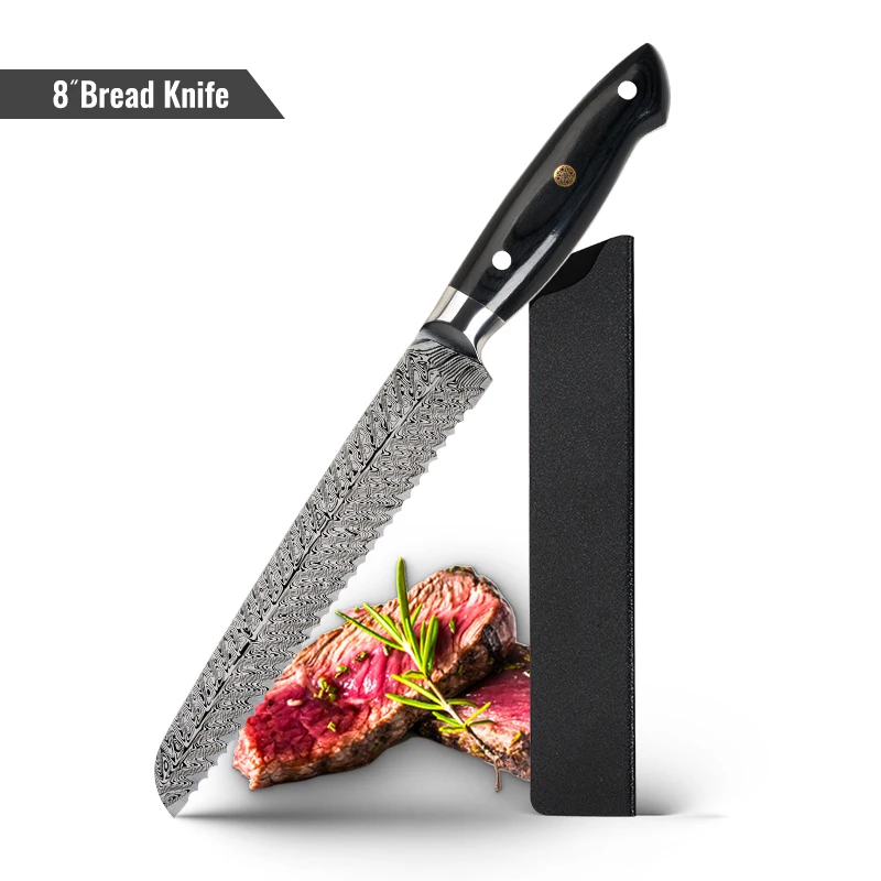 Konoll Rts 8inch Damascus Laser Pattern Bread Knife In Carbon Steel