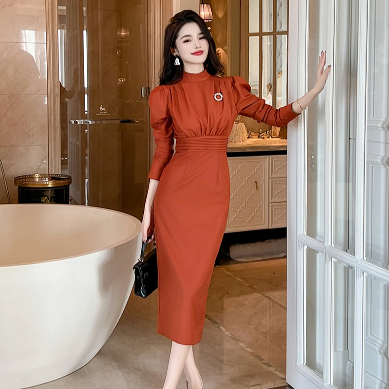 ZYHT 30571 Korean Style Business Occasion Crew Neck Women Pencil Dresses  Pleated Slim Waist Fall Winter Dress for Women