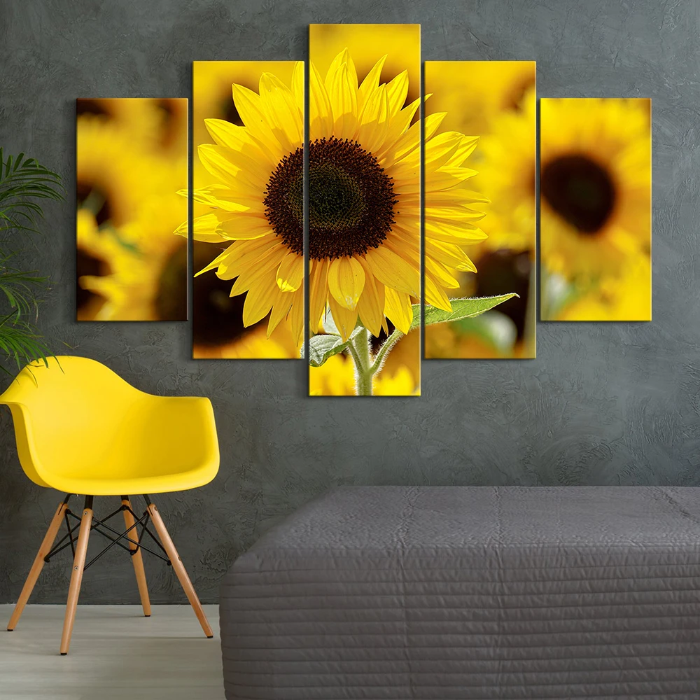 5 Panels Modern Beautiful Sunflower Decor Pictures Wall Art Painting ...