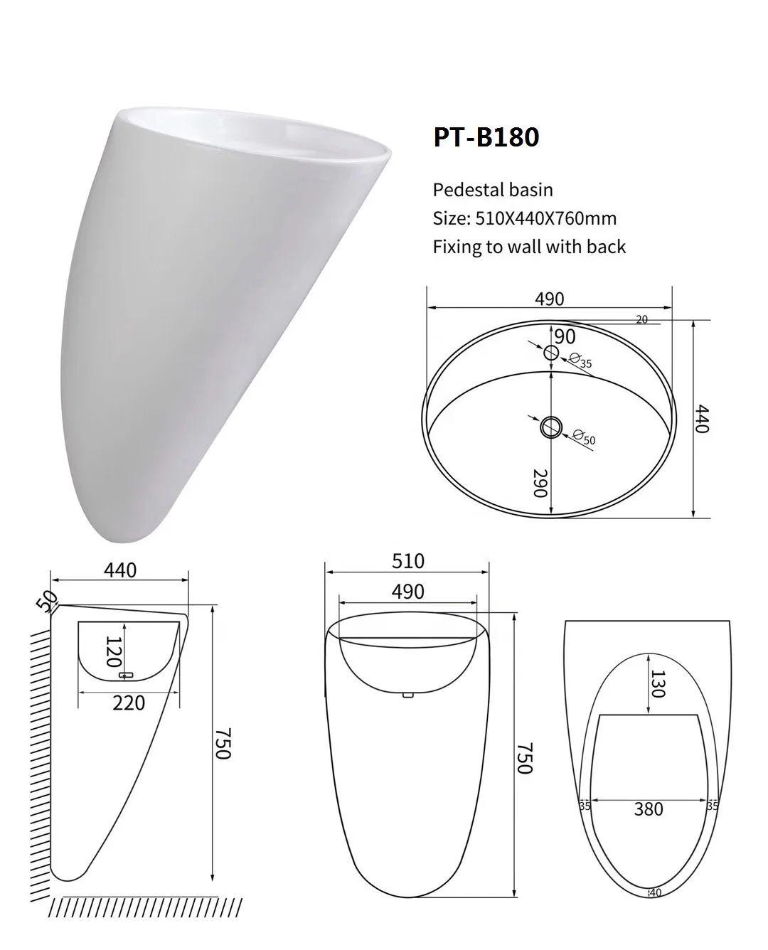 PATE B180 ceramic wall mounted round pedestal basin sanitary ware mini bathroom home washroom sink