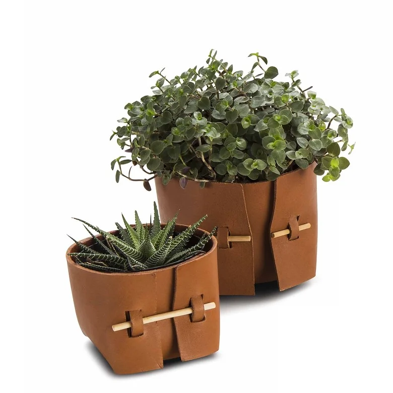 真皮盆鲜花可折叠花盆播种机木制macetas家居装饰
