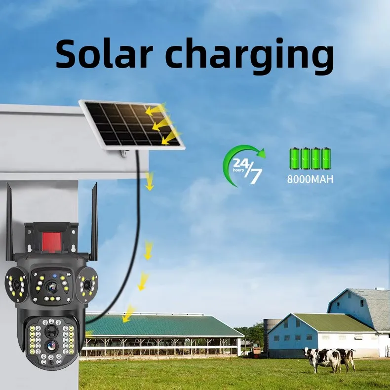 V380Pro Solar Outdoor Waterproof Multi-lens HD Camera 4MP PTZ Smart Camera Human Detection Sound Light Alarm Multi User Monitor