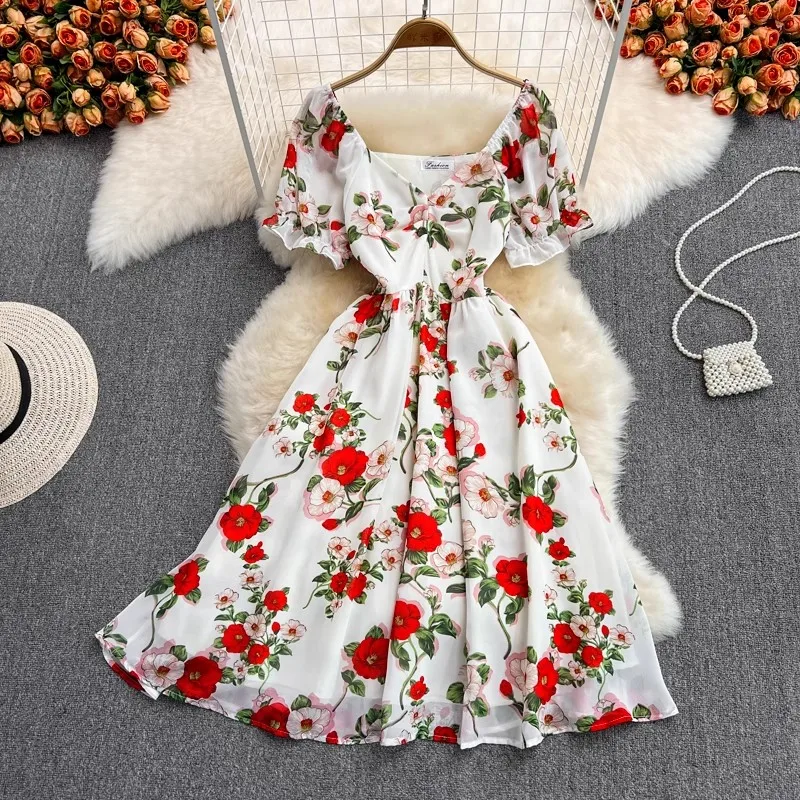 Boho Ruffle Vintage Floral Print Summer Off Shoulder Midi Long Dress Party  Women Casual Spaghetti Strap Beach Holiday Vestidos