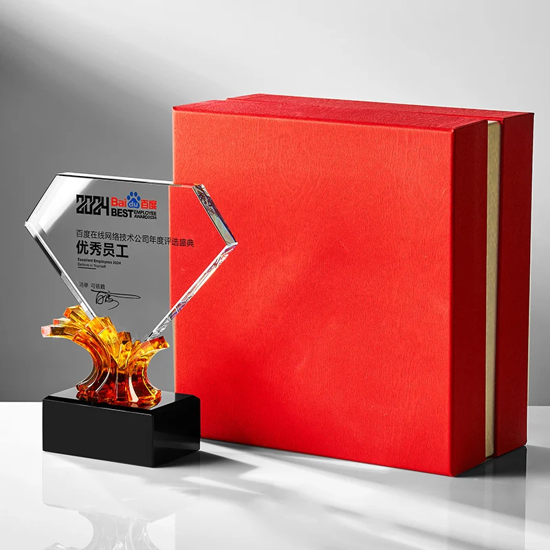 High-Grade Diamond and Wave Shape LiuLi Crystal Trophy Customized Glass Award Laser Printing Polished Technique Souvenir Use details