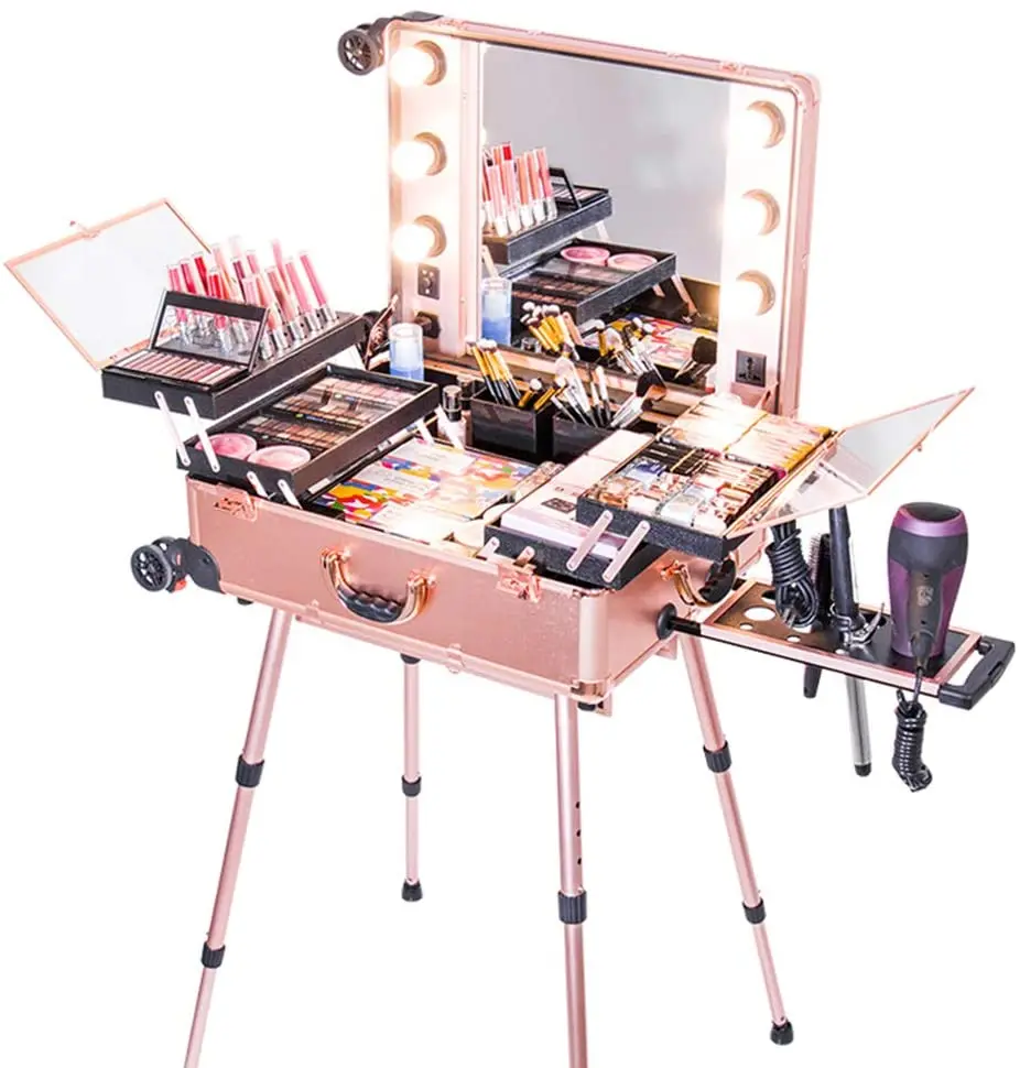 Cosmetic Case Box Led Mirror Lighted Makeup Travel Suitcase Artist Portable Dressing Table With Legs Rolling Luggage Buy Makeup Case And Led Mirror