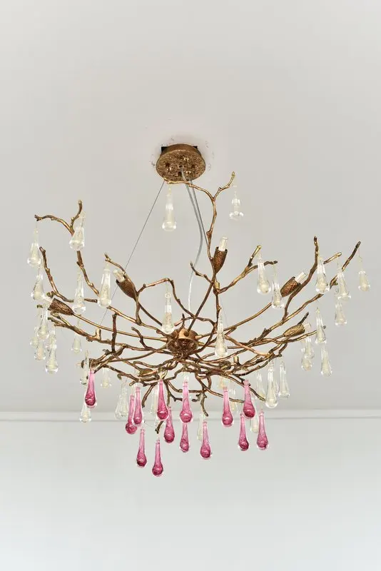 MEEROSEE Newest Modern Brass Tree Branch Chandelier Pink Crystal Raindrop Copper Round Hanging Light Fixture for Hotel MD92097