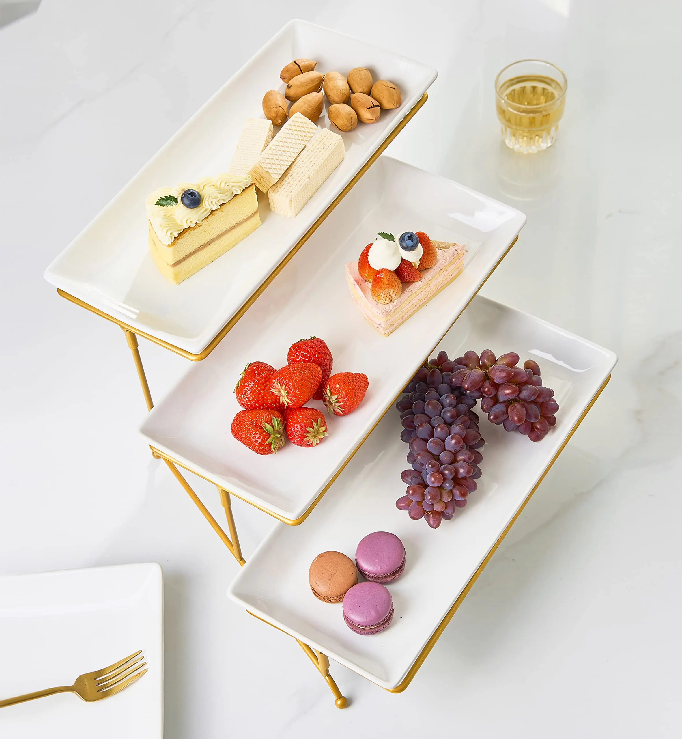 Hot Sale Ceramic 3 Tier Serving Stand with Porcelain Serving Platter Tier Trays with Collapsible Sturdier Rack Gold White Plate factory