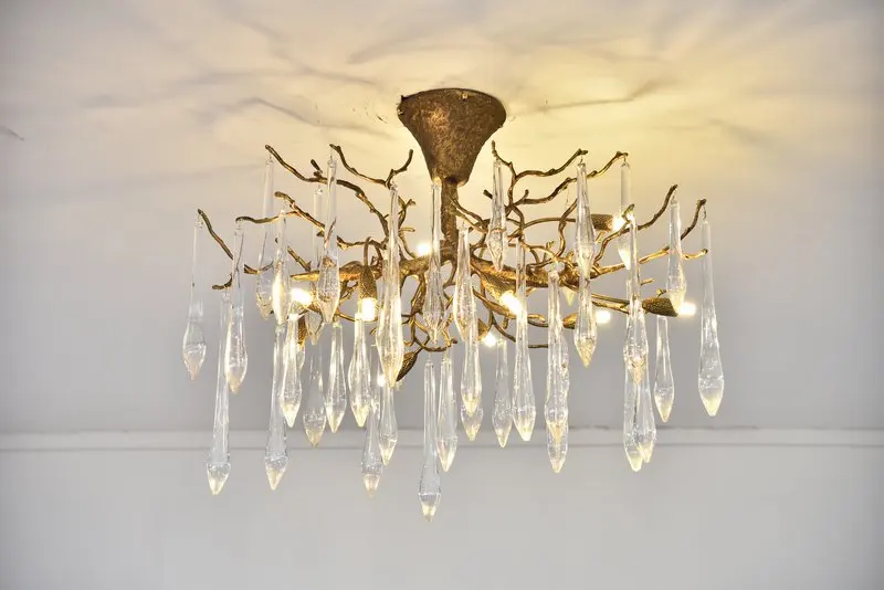 MEEROSEE Copper Chandelier Icicle-Trimmed Crystal Pendant Lights Gold Brass Lamp Wedding Decoration Rattan Lighting MD87013