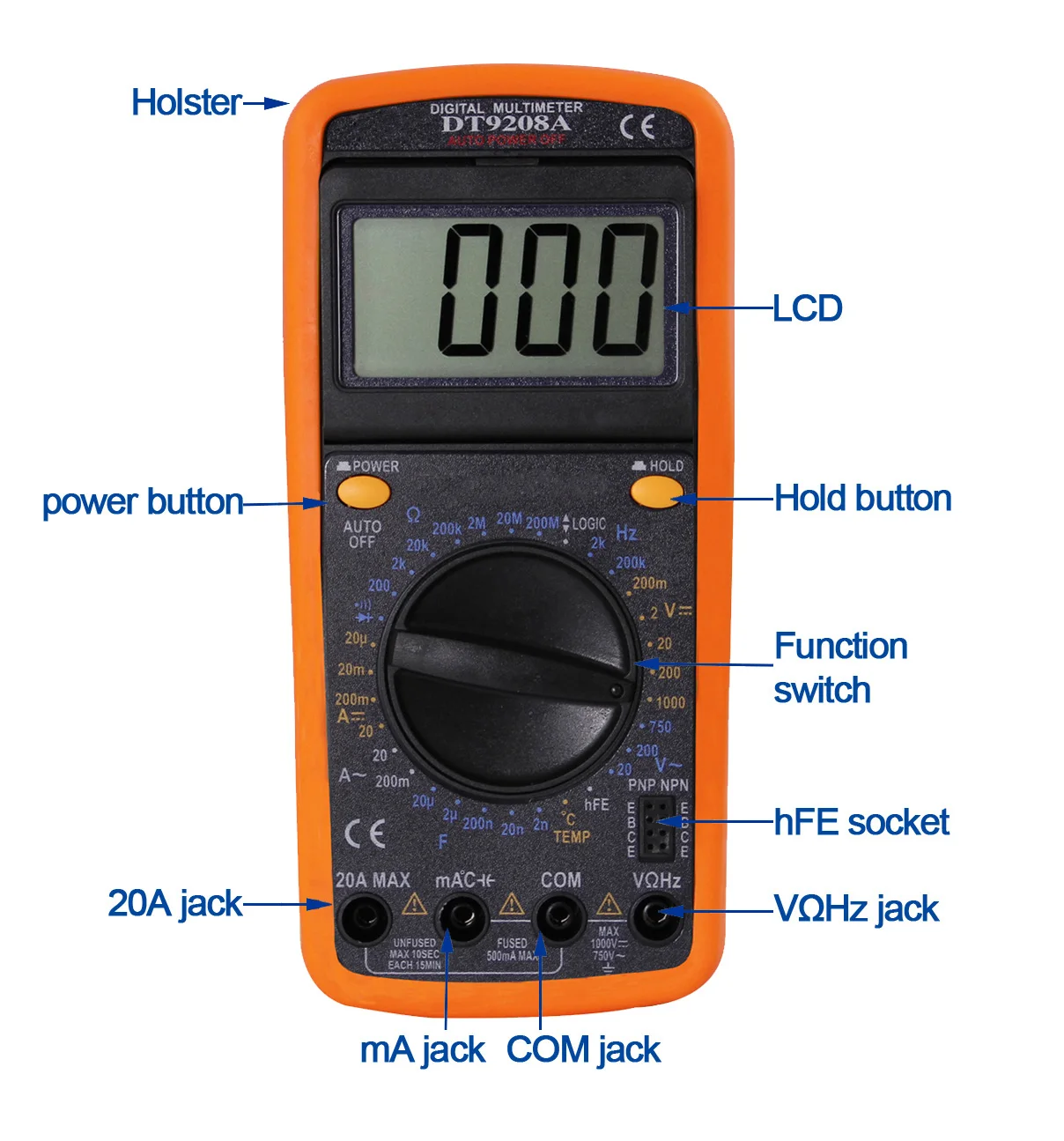 digital multimeter (moving viewing angle) DT9208A with temperature ...