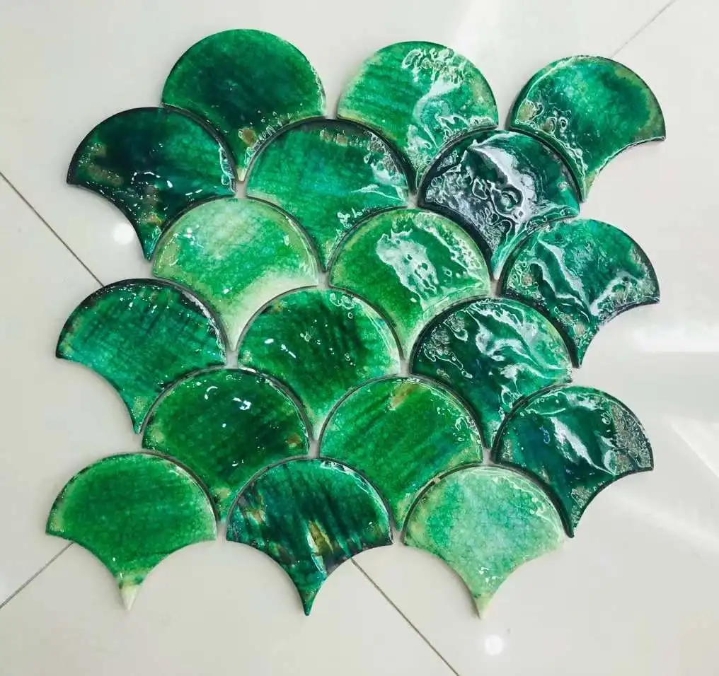 product green peacock ceramic mosaic tile moroccan style ice crackle pattern scallop design for bathroom or living room factory price-0