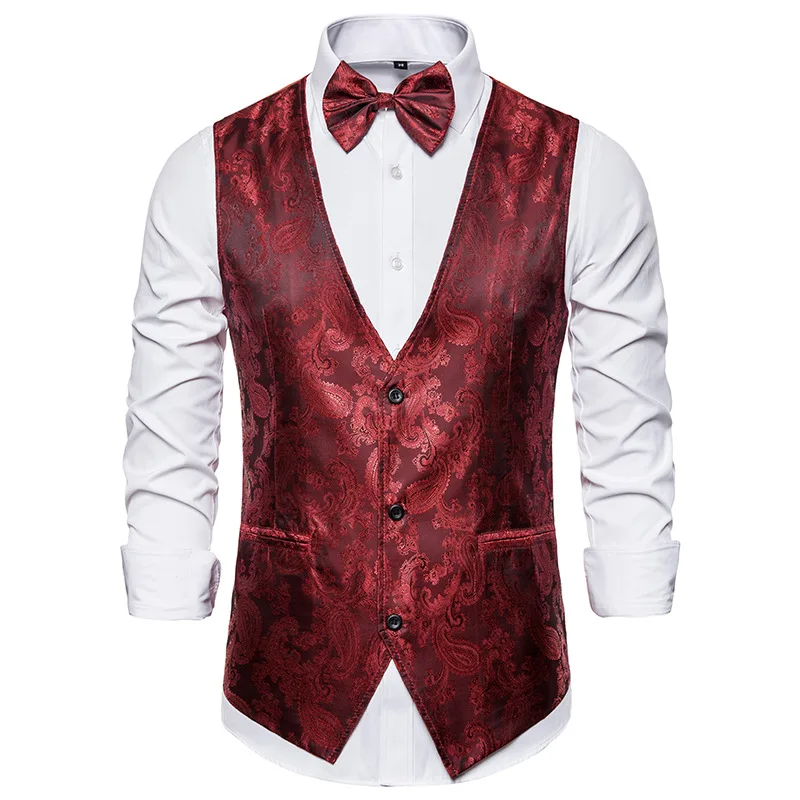 JOGAL Mens Paisley Jacquard Suit Waistcoat Classic Slim Fit Tuxedo Formal Wedding Suit Vests 