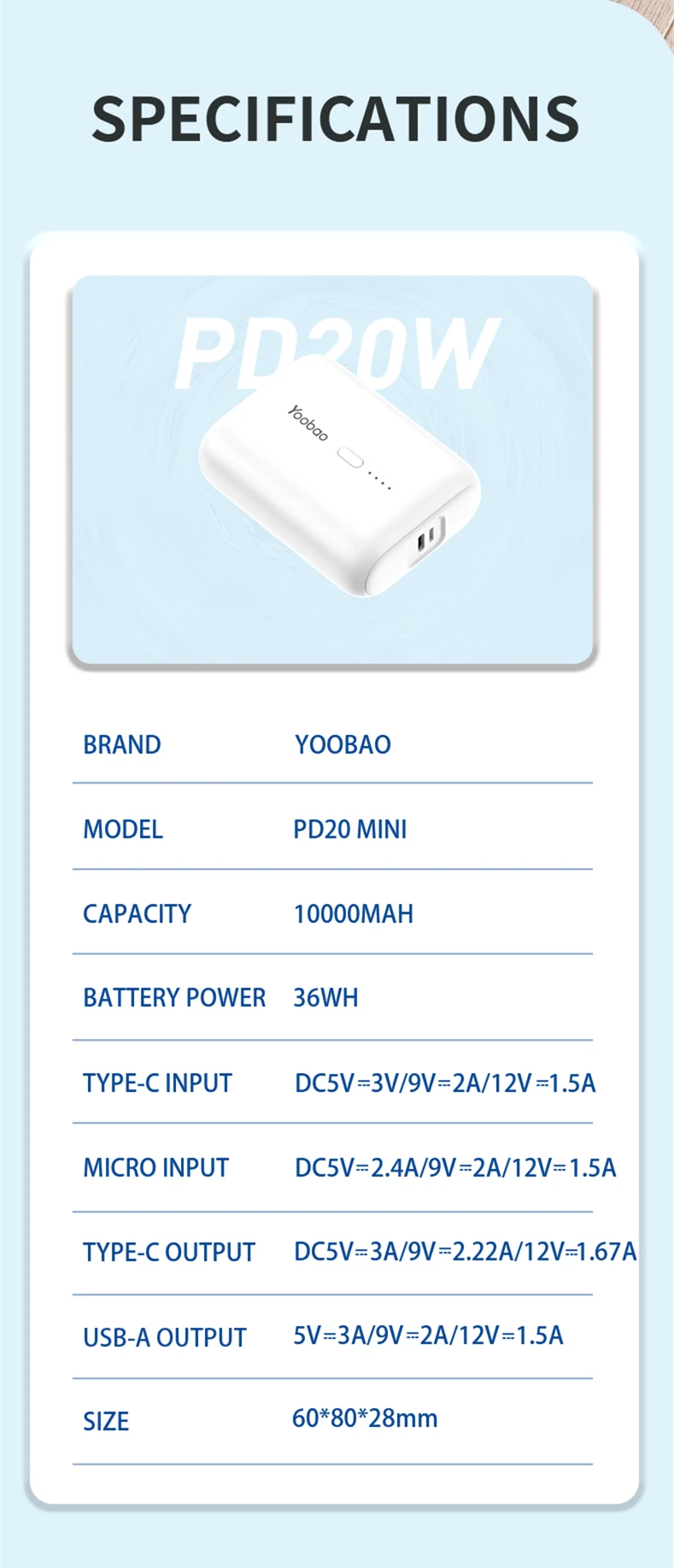 chube Sạc dự phòng Yoobao PD20 Mini 10000mAh