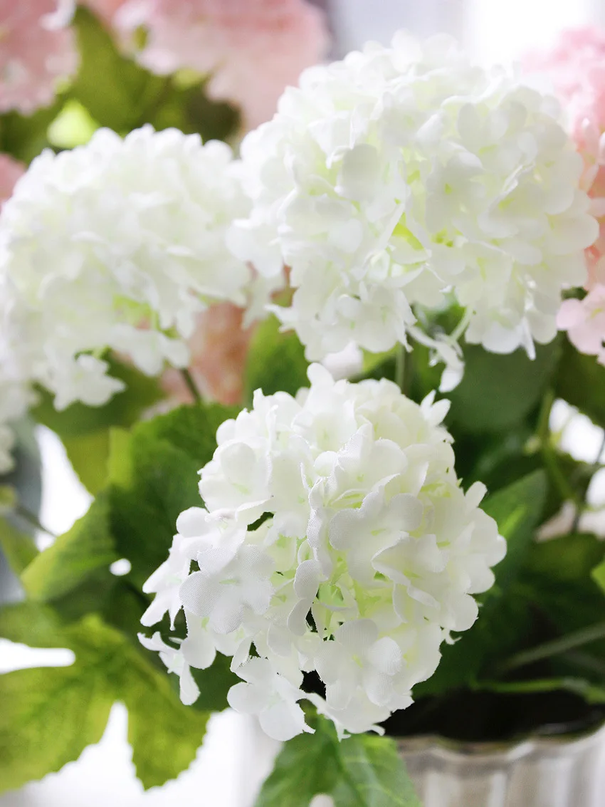 E21802 White Hydrangea Silk Flowers Ivory White Full Artificial