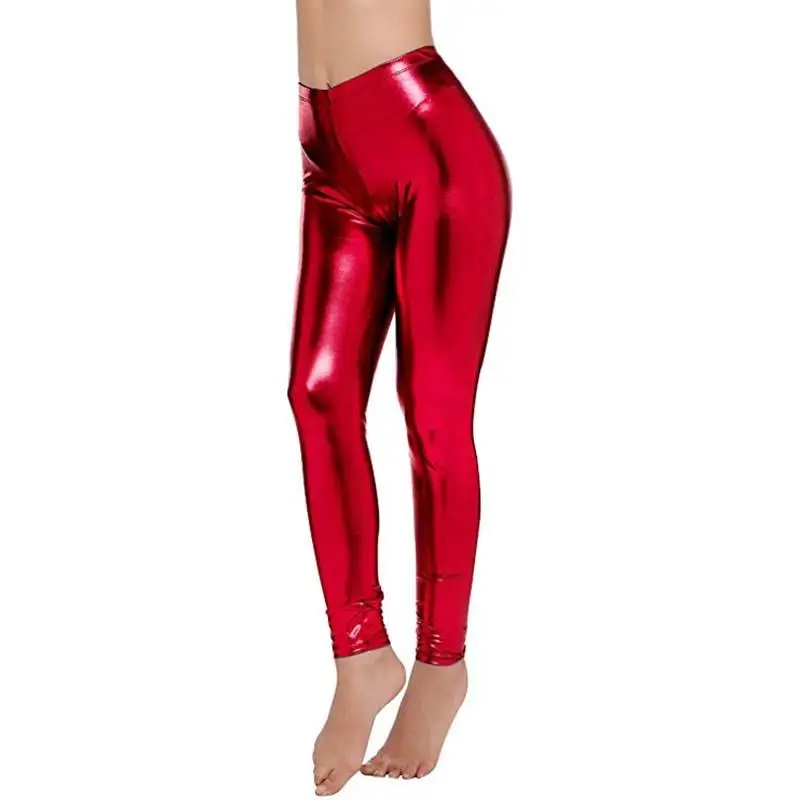 Women Sexy Spandex Leather Leggings Pics High Waist Red Metallic Yoga ...