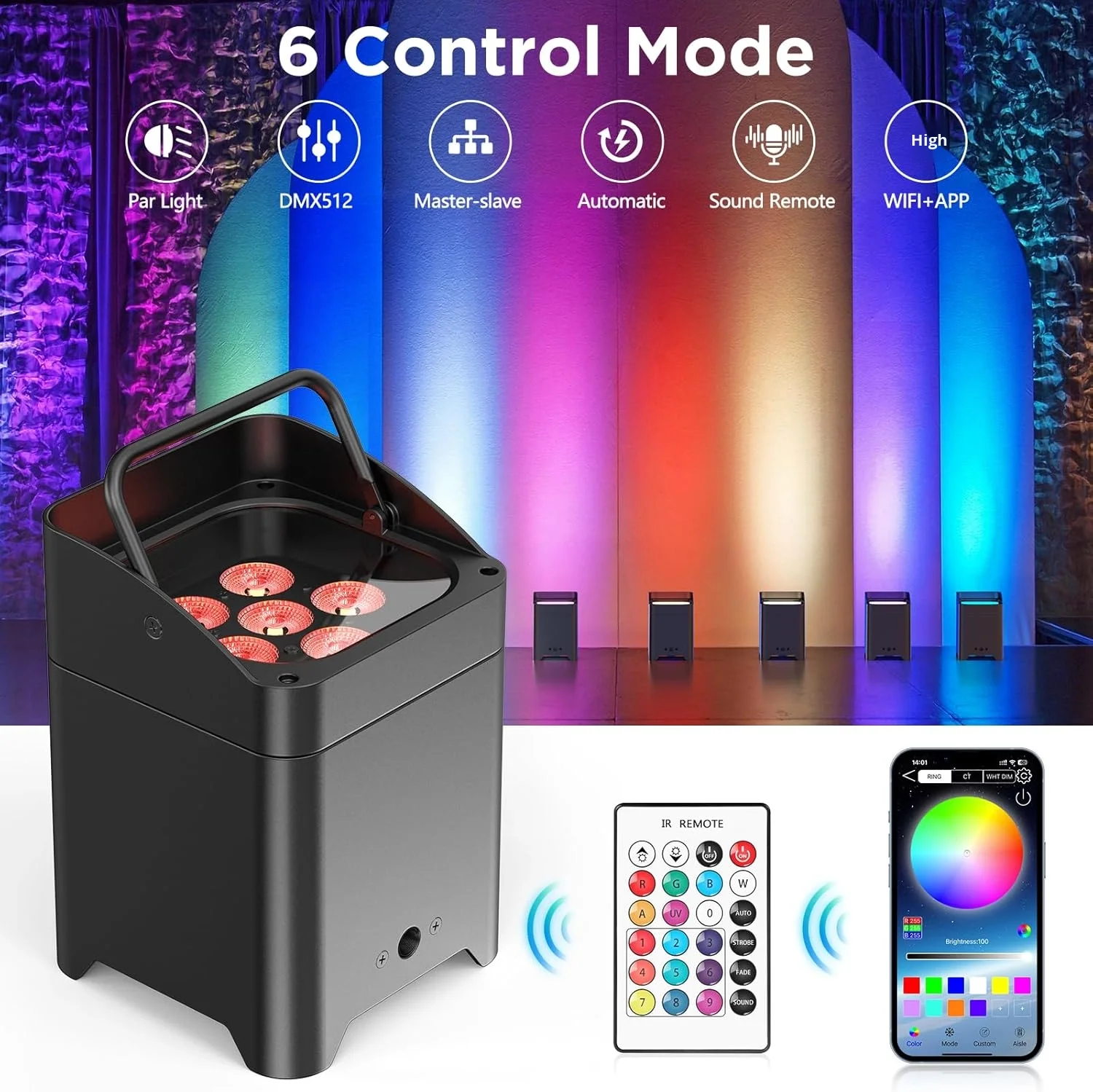 6*18w Waterproof Rgbw Uv 6in1 Indoor Wedding Dmx Led Dj Wall Par Stage Light Battery Wireless Uplight for Wedding Party Bar