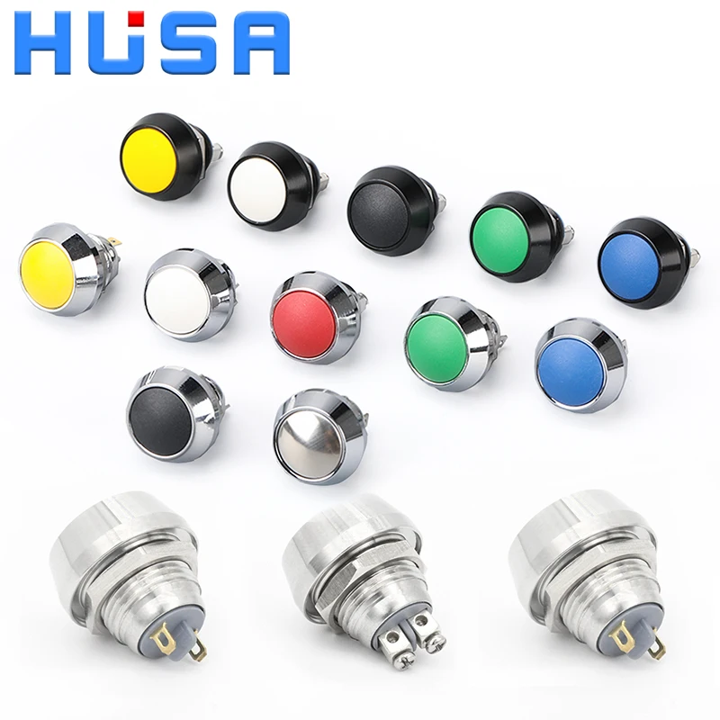 Side-by-side comparison of 12mm momentary switches: high-flush, low-profile, and extended stem variants