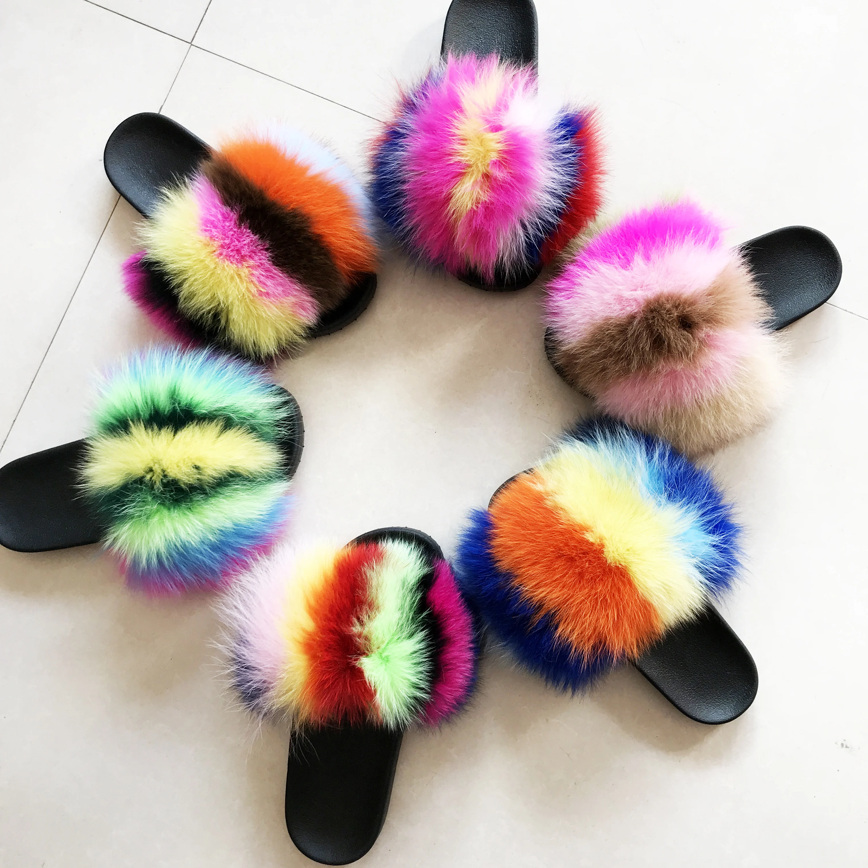 

Custom Fur Ball Flip Flop Plush Infant Kid Baby Furry Fluffy Indoor Home House Bed Bear Slide Slipper Fur Shoes for Women, Customized color