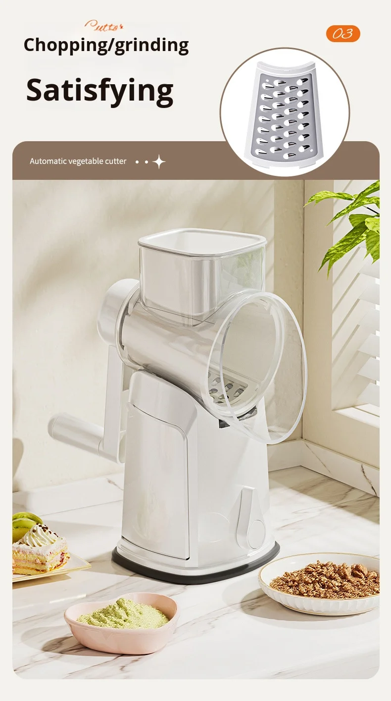 Multifunctional PP Drum Vegetable Slicer Hand-Cranked Fruit/Vegetable Tool with Multiple Blade Heads Safe Usage