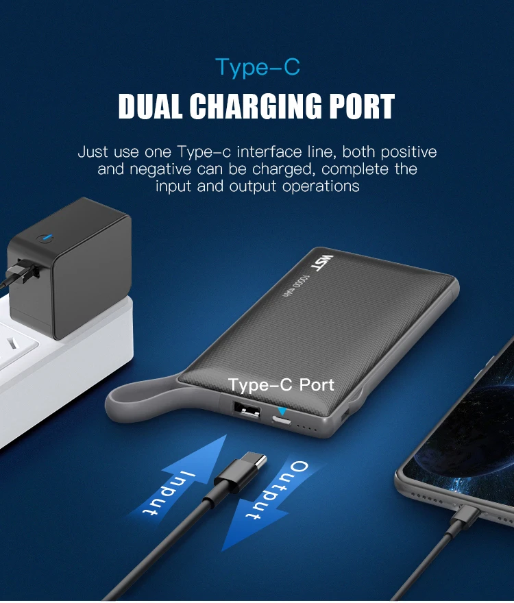 WST Promotional Gift Dual Input Output Power Bank 10000mah Powerbank with Built in Cable