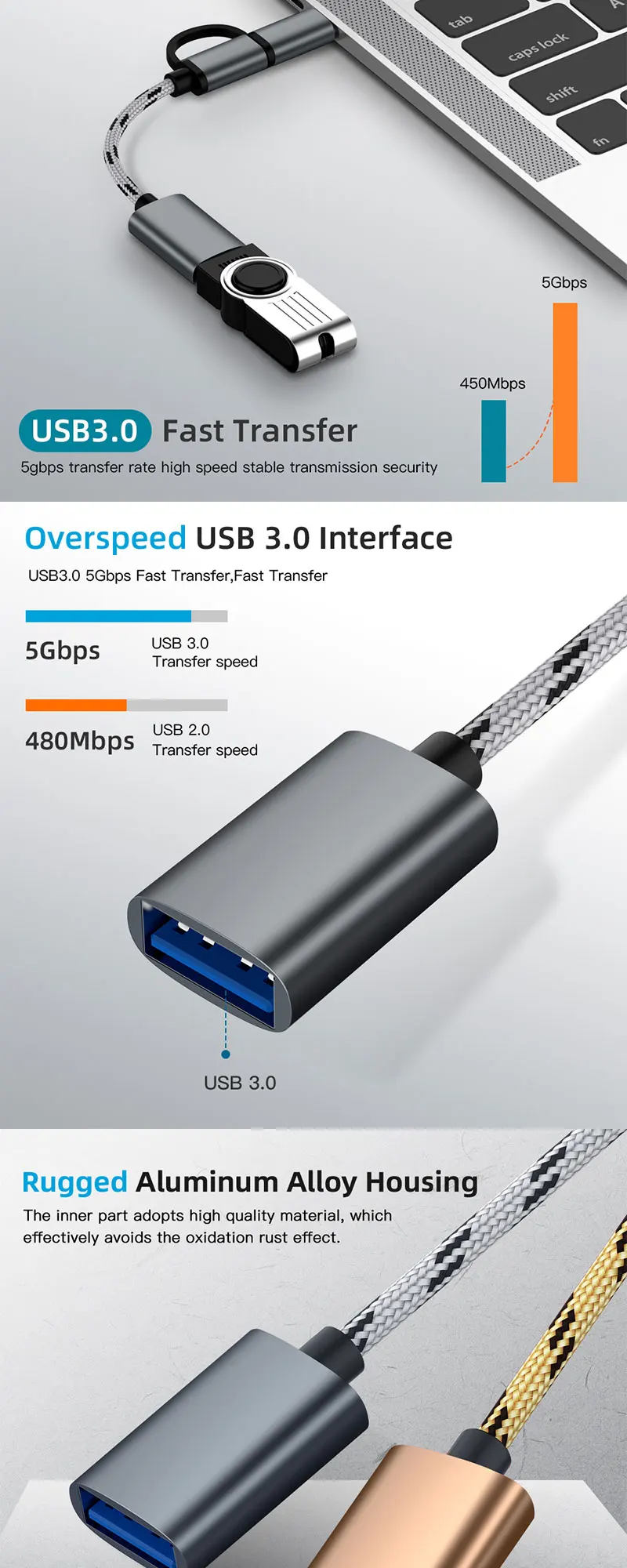 Eonline 2 in 1 USB3.0 OTG Adapter Cable Nylon Braid Micro/Type C Data Sync Adapter Cellphone Mouse Keyboard Connector for Huawei