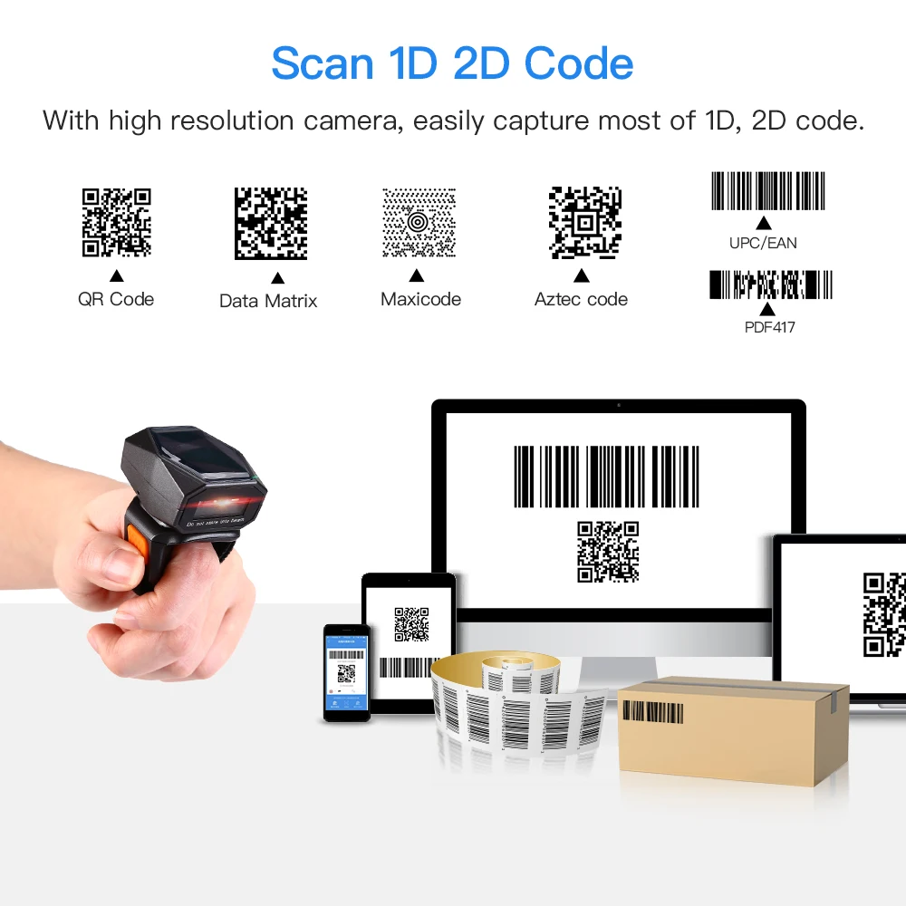 Eyoyo 2D Wearable Ring Barcode Scanner, Mini Portable 3-in-1 USB Wired & 2.4G Wireless & B-T finger scanner 1D QR
